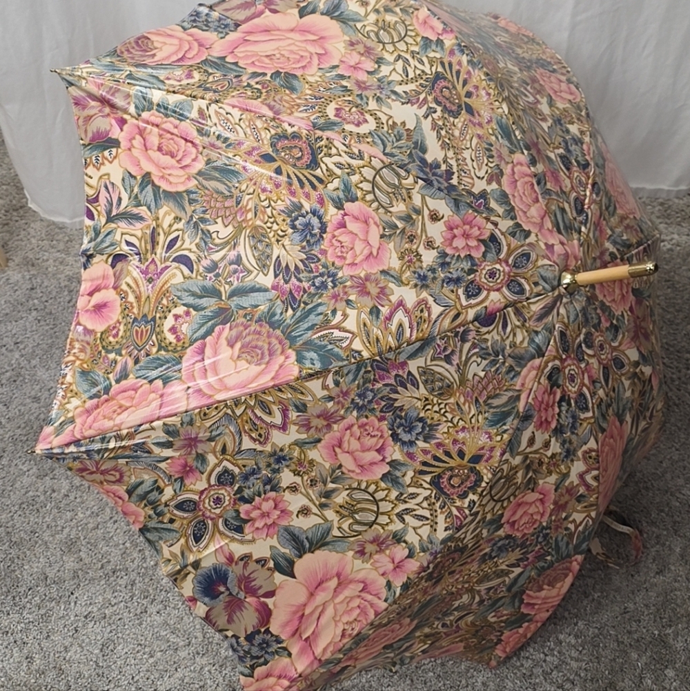 NOS Vintage Victoria's Secret Floral Roses Bamboo Handle Parasol Umbrella Lolita